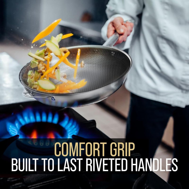 MUGAA 12.5” Nonstick Stainless Steel Wok Pan with Lid | Tri-Ply Honeycomb Hybrid Stir-Fry Pan | Nonstick Woks & Stir-Fry Pans | PFOA-Free, Induction, Dishwasher & Oven Safe - Image 5